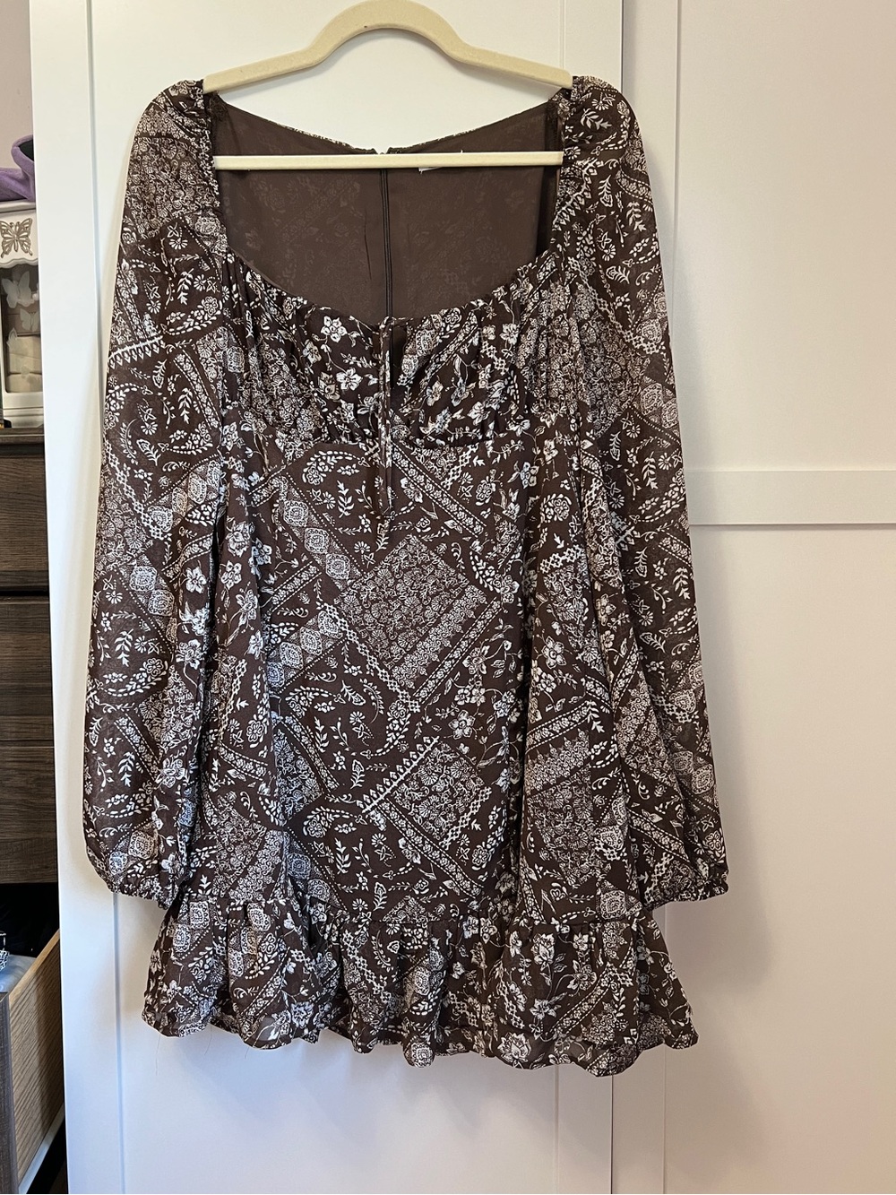 Women’s Brown Printed Peasant mini dress